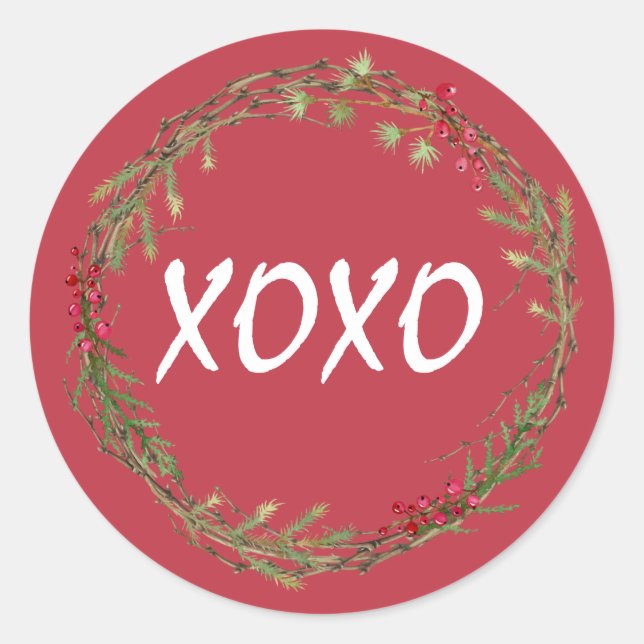 Winter Greenery Berries Wreath Christmas XOXO Classic Round Sticker (Front)
