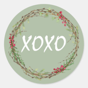 Winter Greenery Berries Wreath Christmas XOXO Classic Round Sticker
