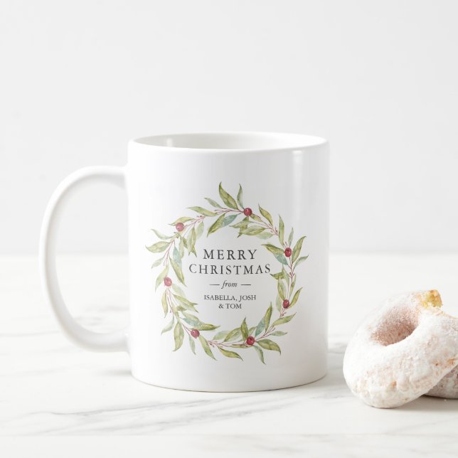Winter Greenery Berries Wreath Monogram Christmas Coffee Mug (With Donut)