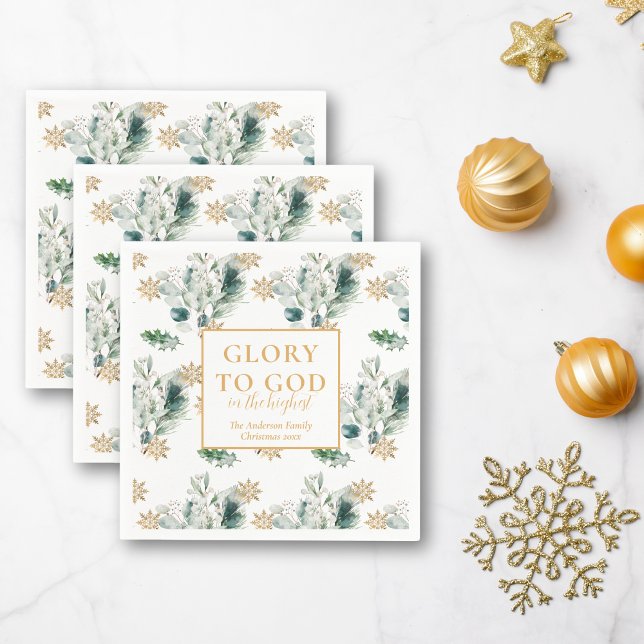 Winter Greenery Bible Verse Religious Christmas Napkin (Religious Christmas Glory to God cocktail napkins with winter greenery)