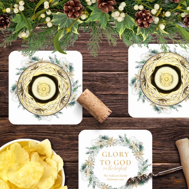 Winter Greenery Bible Verse Religious Christmas Square Paper Coaster (Religious Christmas cocktail coasters with Bible verse and winter greenery)