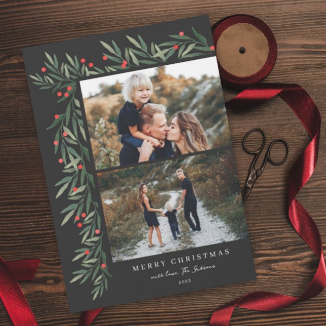 Winter Greenery Black 2 Photo Christmas Holiday Card (Creator Uploaded)