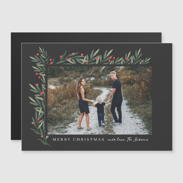 Winter Greenery Black Photo Christmas (Front/Back)