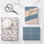 Winter Greenery Blue and Tan Patterns Christmas Wrapping Paper Sheet<br><div class="desc">These Christmas gift wrapping sheets feature three coordinating patterns. The first is elegant winter greenery in the colours: dark dusty blue,  tan,  red and green. The second pattern is dark dusty blue and tan diagonal stripes and the third pattern is dark dusty blue with a white dots.</div>