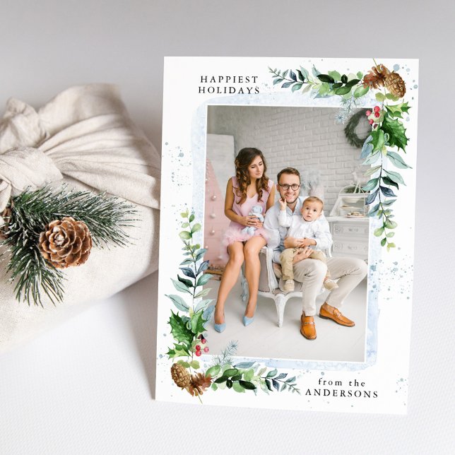 Winter Greenery & Blue Watercolor Photo Holiday Card (Creator Uploaded)