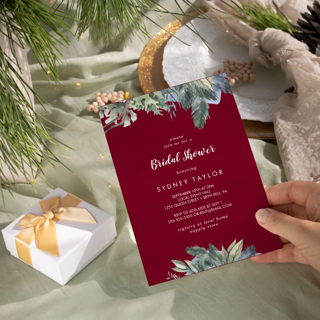 Winter Greenery Burgundy Bridal Shower Invitation (Creator Uploaded)