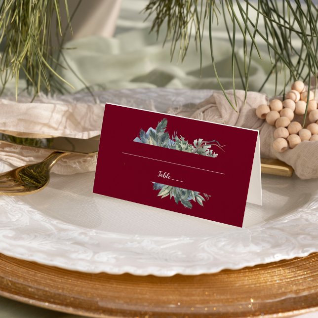 Winter Greenery Burgundy Wedding Place Card (Creator Uploaded)
