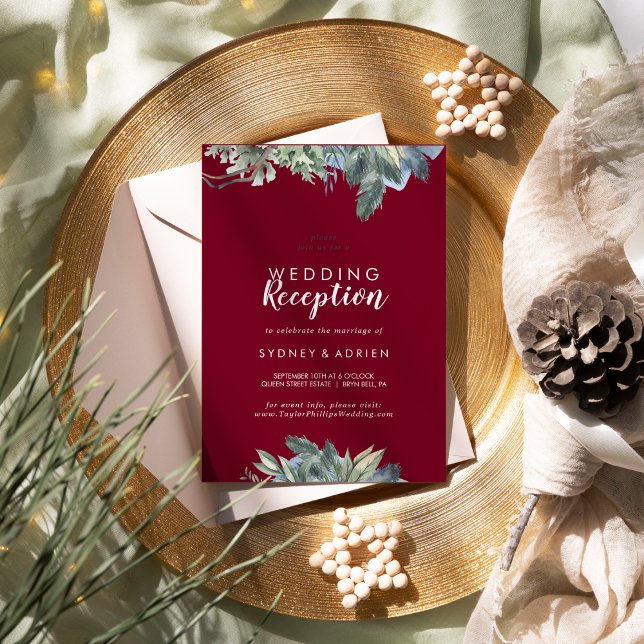 Winter Greenery Burgundy Wedding Reception Only  Invitation (Creator Uploaded)