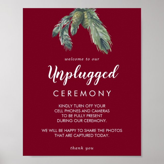 Winter Greenery Burgundy Wedding Unplugged  Poster (Front)