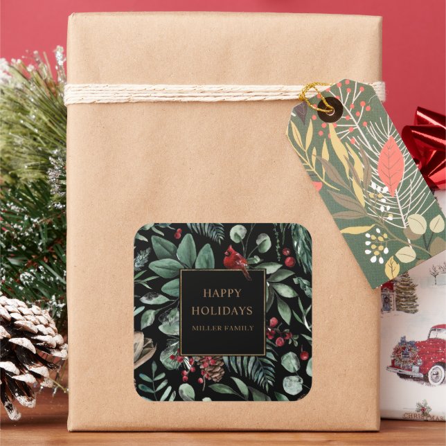 Winter Greenery Cardinal Happy Holidays Monogram Square Sticker (Holiday)