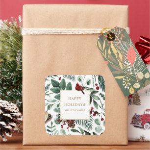 Winter Greenery Cardinal Happy Holidays Monogram Square Sticker