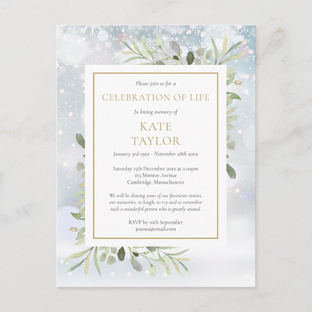 Winter Greenery Celebration of Life Funeral Announcement Postcard (Front)