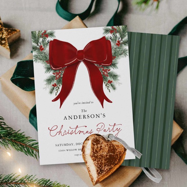Winter Greenery Christmas Party Invite (Red Bow and Wreath Christmas Party Invitation)
