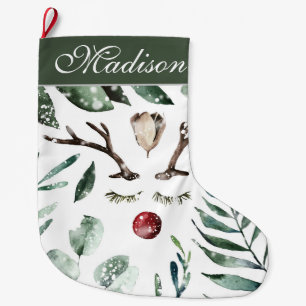 Winter Greenery Christmas Reindeer   Monogram Large Christmas Stocking