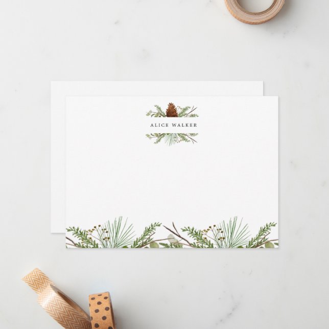 Winter Greenery Elegant Monogram Note Card (Front/Back In Situ)