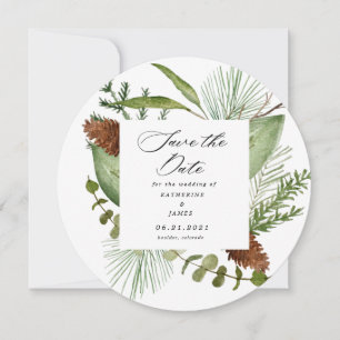 winter greenery elegant save the date photo invitation