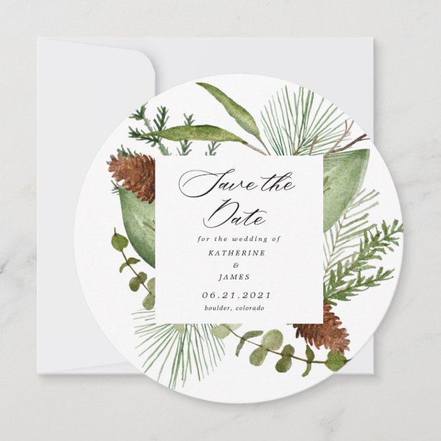winter greenery elegant save the date photo invitation (Front)