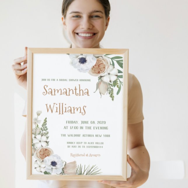 Winter Greenery Floral Cotton Pine Bridal Shower Invitation (Creator Uploaded)