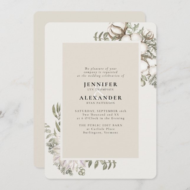Winter Greenery Floral Cream RSVP QR Code Wedding Invitation (Front/Back)