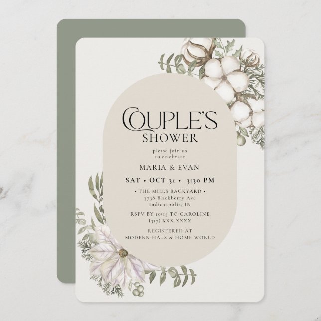 Winter Greenery Floral Oval Couple's Shower Invitation (Front/Back)