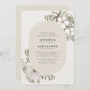 Winter Greenery Floral Oval Cream Ivory Wedding Invitation