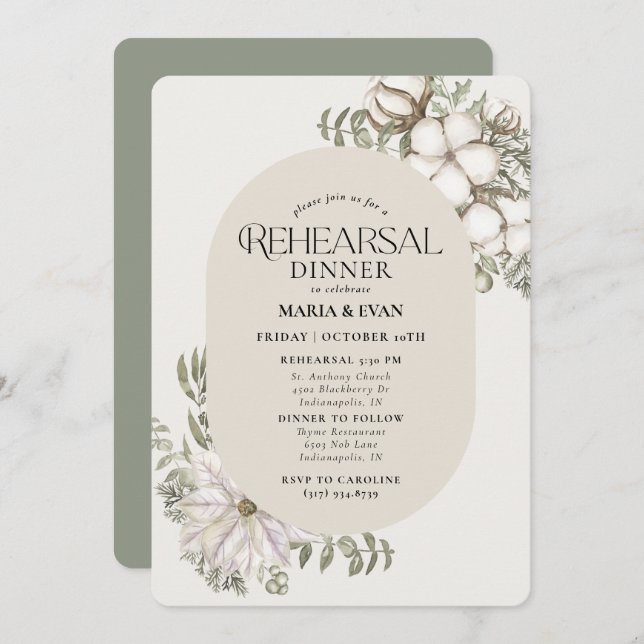 Winter Greenery Floral Oval Rehearsal Dinner Invitation (Front/Back)