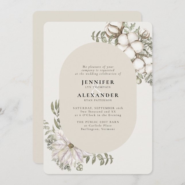 Winter Greenery Floral Oval  RSVP QR Code Wedding Invitation (Front/Back)