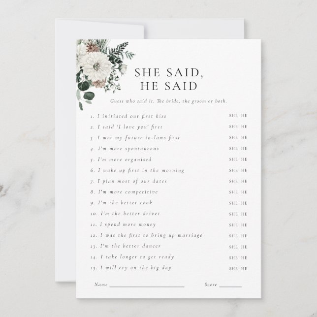 Winter Greenery Floral Where Were They Game Card (Front)