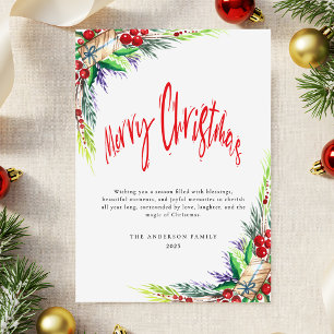 Winter Greenery Foliage Red Script Merry Christmas Holiday Card