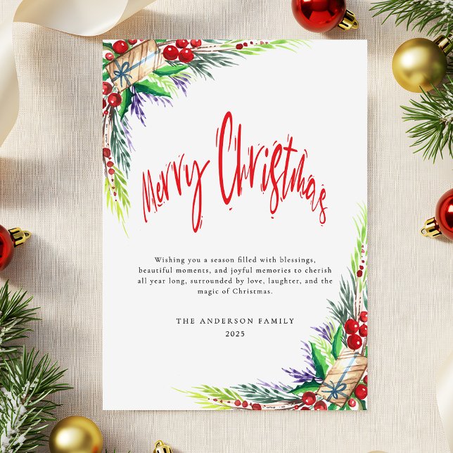 Winter Greenery Foliage Red Script Merry Christmas Holiday Card (Creator Uploaded)
