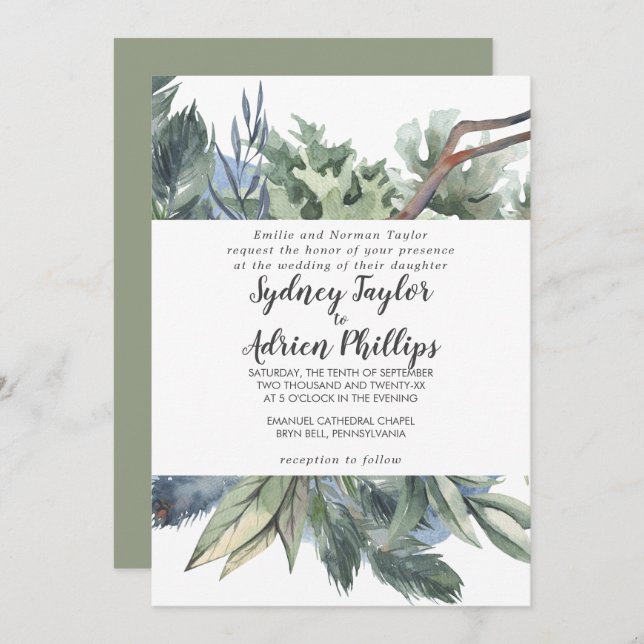 Winter Greenery Formal Wedding Invitation (Front/Back)