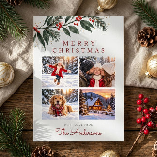 Winter Greenery Four Photo Collage Christmas Holiday Card