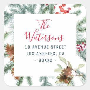 winter greenery frame holiday return address square sticker