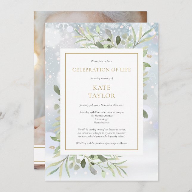 Winter Greenery Funeral Celebration of Life Photo Invitation (Front/Back)