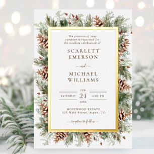 Winter Greenery Gold Foil Wedding Invitations