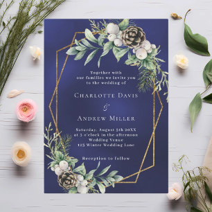 Winter greenery gold geometric blue wedding invitation