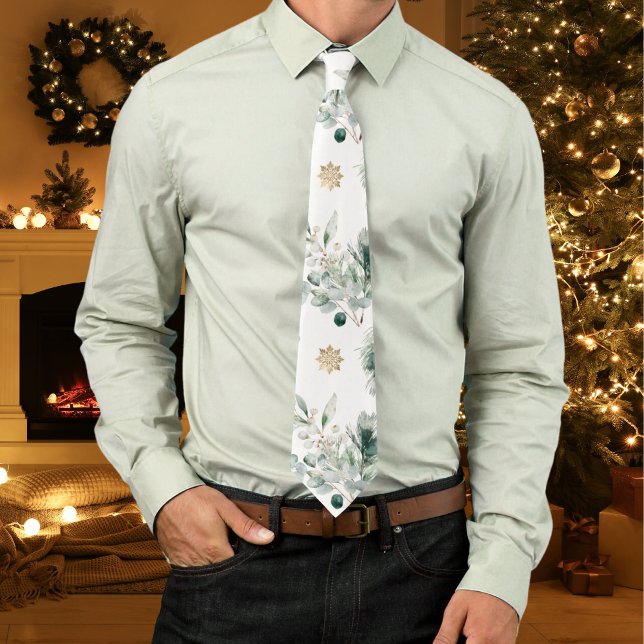 Winter Greenery Gold Snowflakes Christmas Tie (Custom Christmas necktie with winter greenery, pine branches, berries and gold snowflakes.)