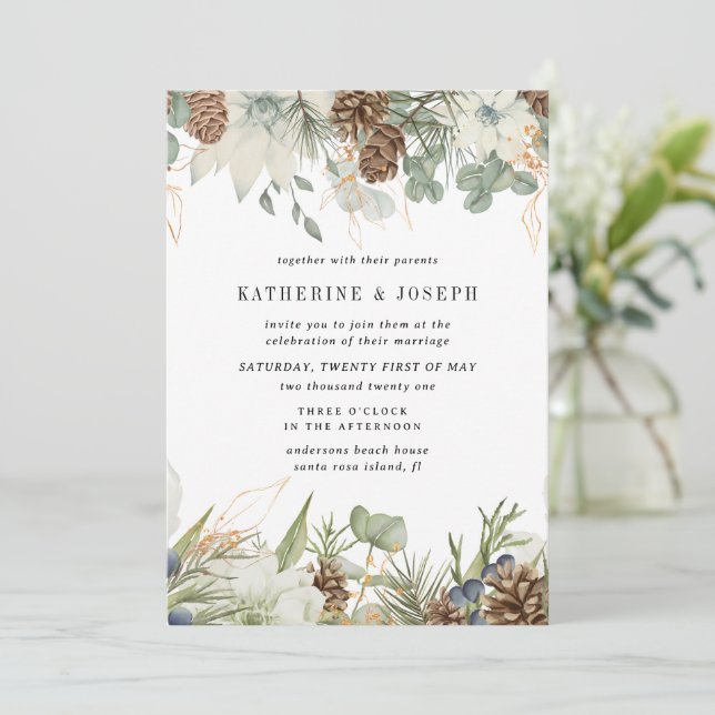 Winter Greenery Golden Elegant Wedding Invite (Standing Front)