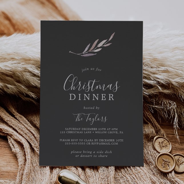 Winter Greenery Grey Christmas Dinner Invitation (Creator Uploaded)