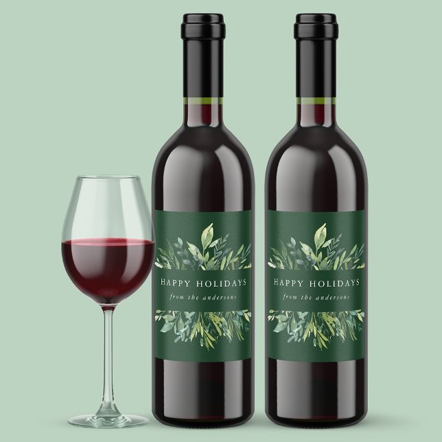 Winter Greenery Happy Holidays Wine Label (Creator Uploaded)