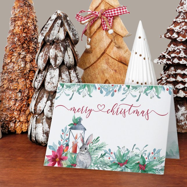 Winter Greenery Holly Mistletoe Watercolor Garland Holiday Card (Merry Christmas Card. Buy professionally printed or as a printable digital download.)