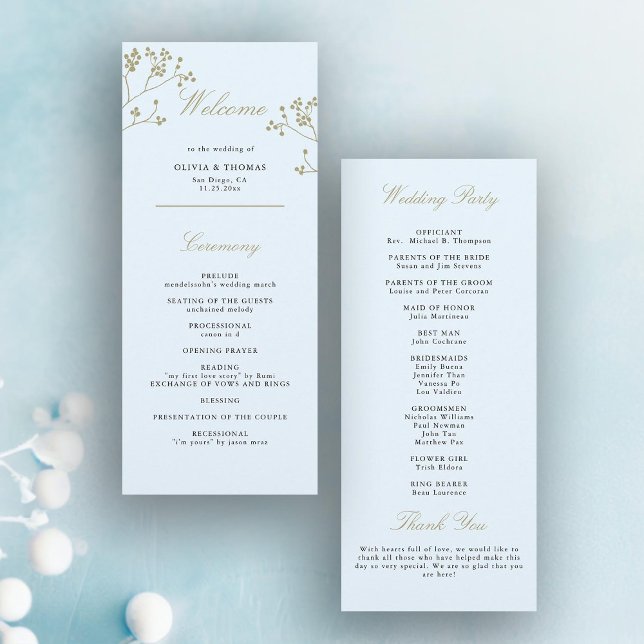 Winter Greenery Ice Blue Gold Elegant Wedding Day Programme (winter greenery wedding program elegant modern classic ice blue gold berries minimalist traditional)