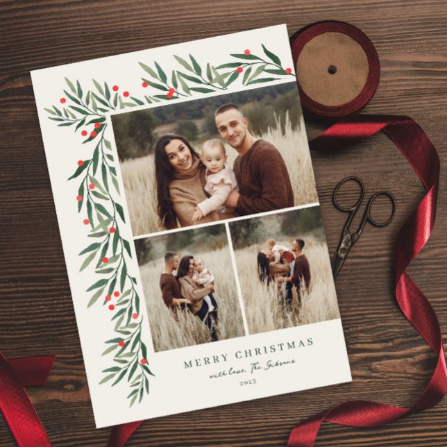 Winter Greenery Ivory 3 Photo Christmas (Elegant greenery leaves 3 photo collage christmas holiday magnetic card.)