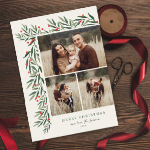 Winter Greenery Ivory 3 Photo Christmas Holiday Card