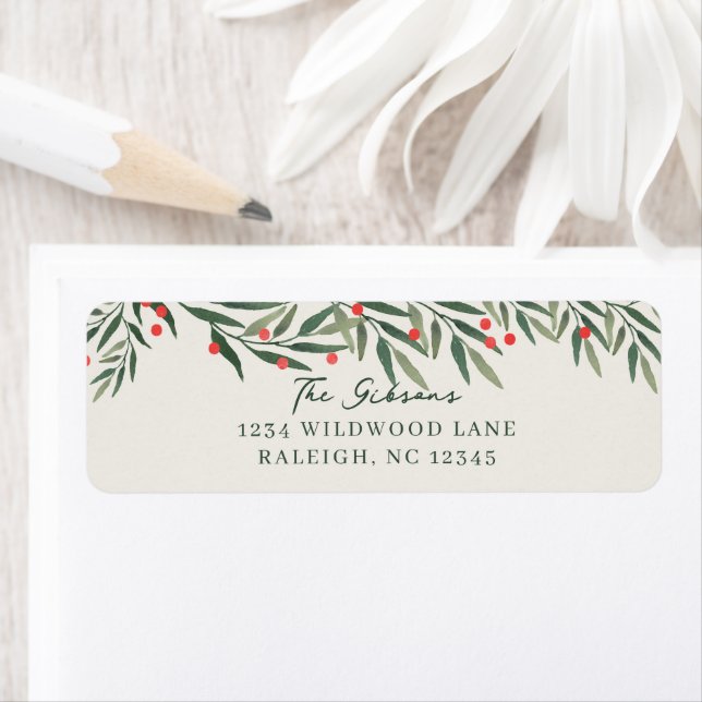 Winter Greenery Ivory Christmas Return Address (Insitu)