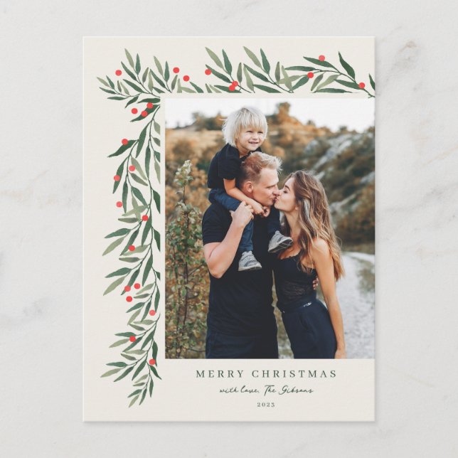 Winter Greenery Ivory Photo Christmas Holiday Postcard (Front)