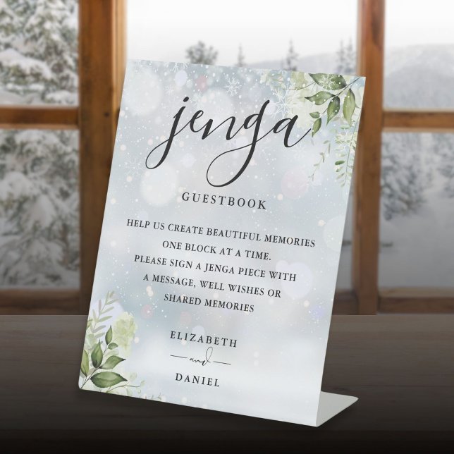 Winter Greenery Jenga Wedding Guestbook Pedestal Sign (Winter Greenery Jenga Wedding Guestbook Pedestal Sign)