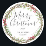 Winter Greenery Leaves Berries Wreath Christmas Classic Round Sticker<br><div class="desc">Winter greenery leaves berries wreath Christmas sticker. Simply customise the Christmas sticker with your family name. Exclusively designed for you by Happy Dolphin studio. If you need any help or matching products,  please contact us at happydolphinstudio@outlook.com.</div>