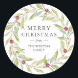 Winter Greenery Leaves Berries Wreath Christmas Classic Round Sticker<br><div class="desc">Winter greenery leaves berries wreath Christmas sticker. Simply customise the Christmas sticker with your family name. If you need any help please contact us through our store.</div>