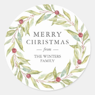 Winter Greenery Leaves Berries Wreath Christmas Classic Round Sticker